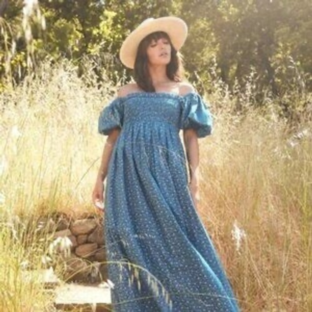 EDDY Anthropologie Aurora Puff Sleeve Maxi Dress  Blue Floral Smocked XXS New